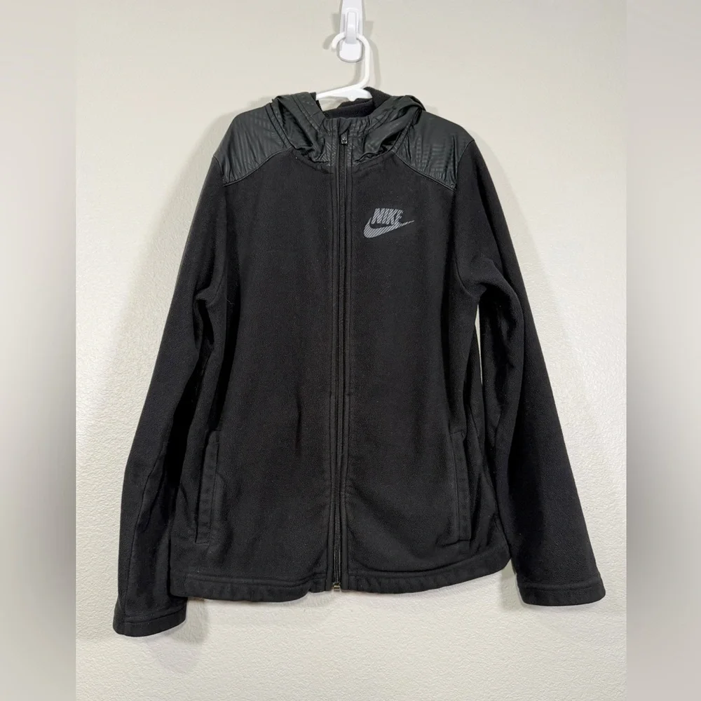 Nike Kids Full-Zip Fleece Jacket Weather Resistant Hood Black Warm Coat Boy L